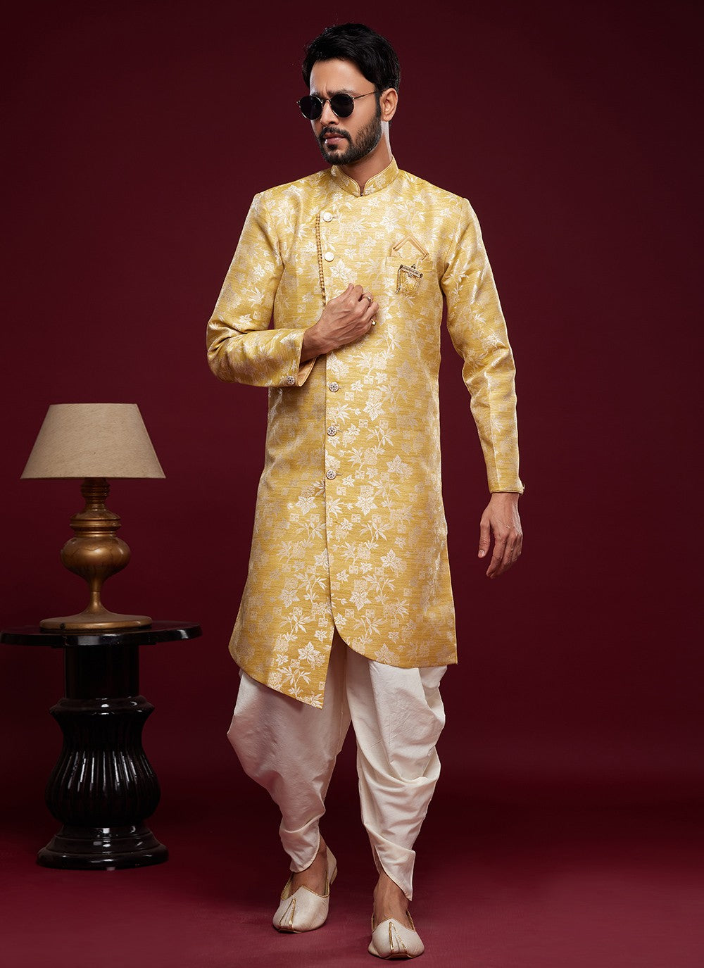 Fancy Work Banarasi Jacquard Yellow Indo Western Sherwani - M5785