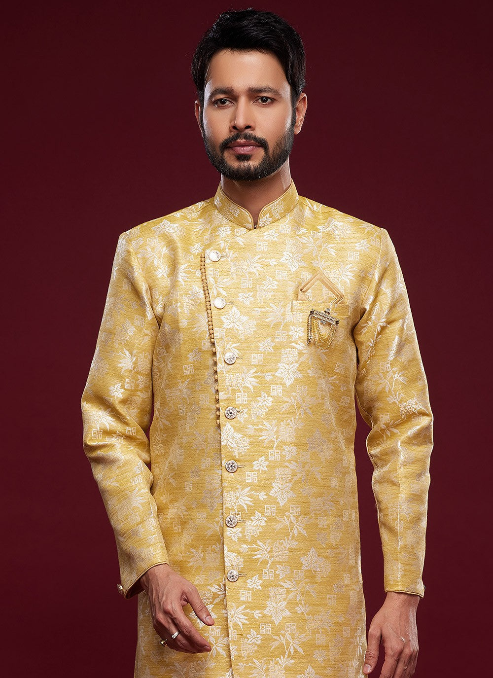 Fancy Work Banarasi Jacquard Yellow Indo Western Sherwani - M5785