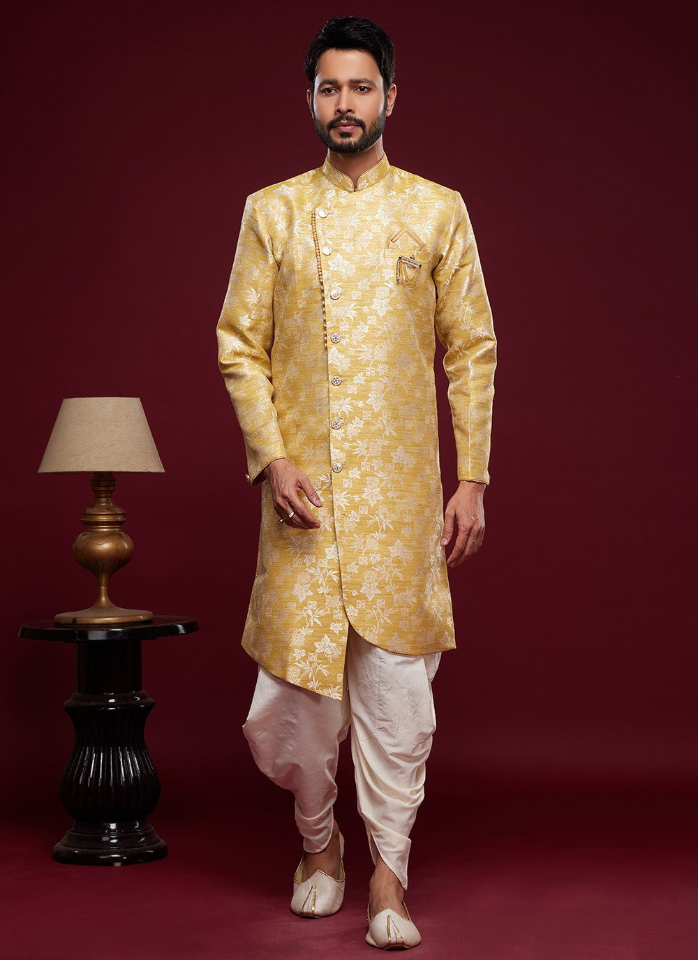 Fancy Work Banarasi Jacquard Yellow Indo Western Sherwani - M5785