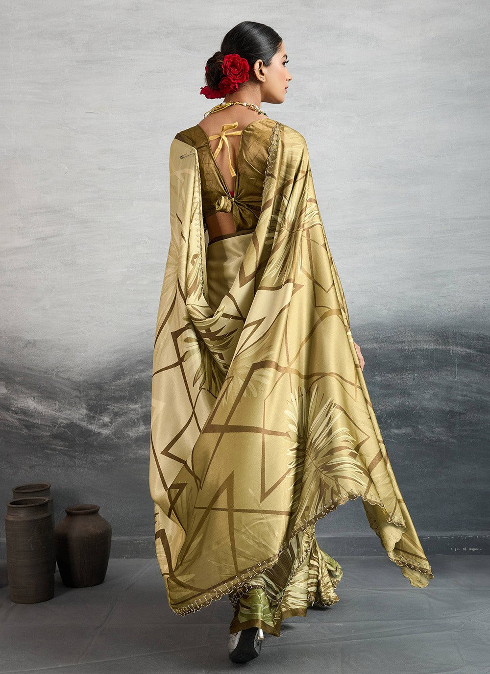 Yellow Satin Silk Trendy Saree Digital Print S18246