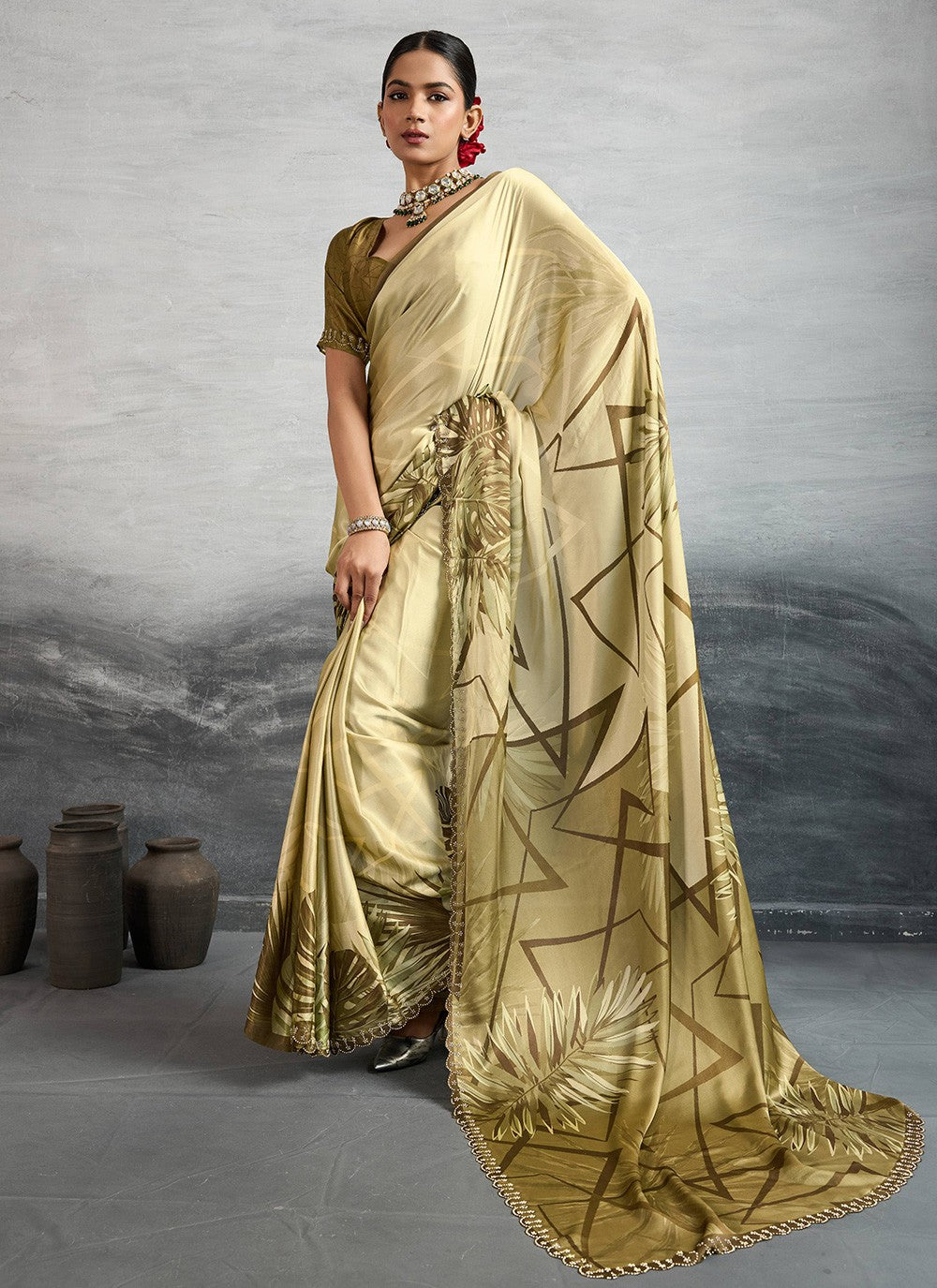Yellow Satin Silk Trendy Saree Digital Print S18246