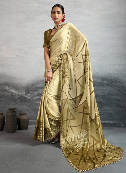 Yellow Satin Silk Trendy Saree Digital Print S18246