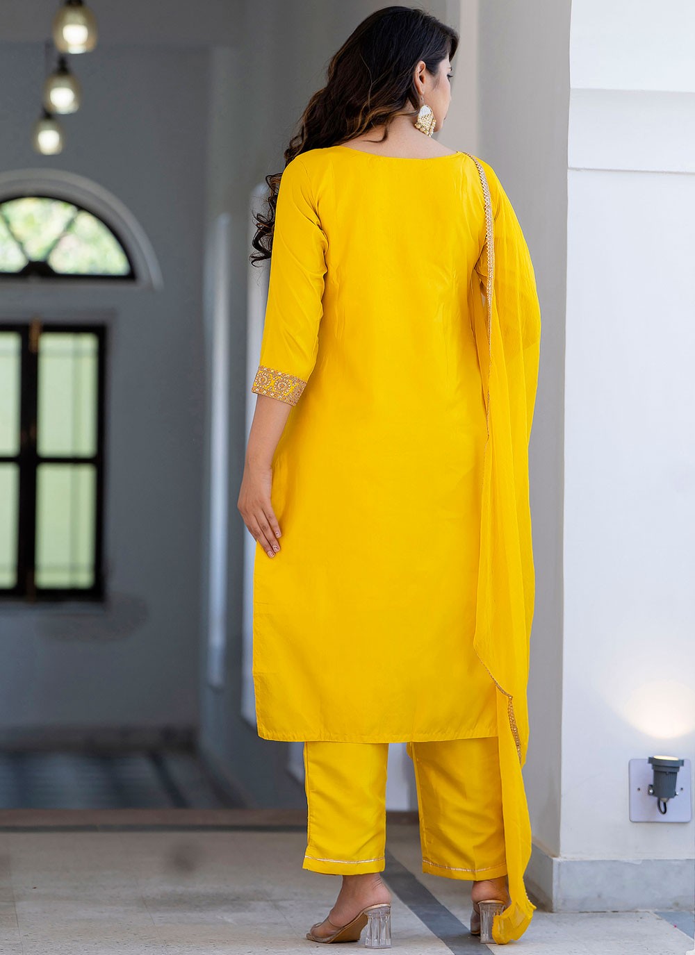 Pant Style Suit Embroidered Yellow T8787