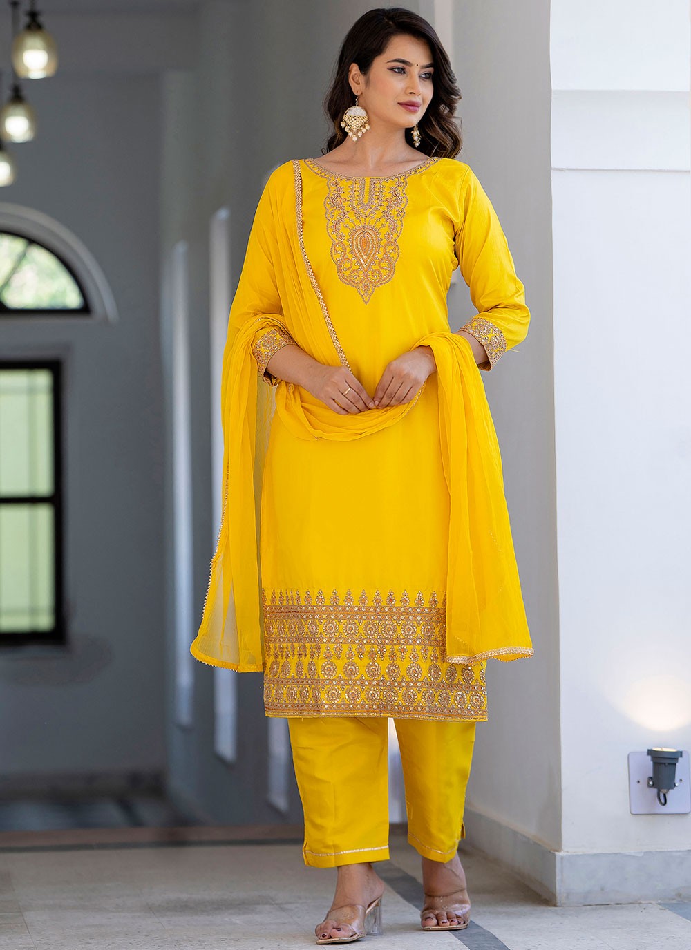 Pant Style Suit Embroidered Yellow T8787