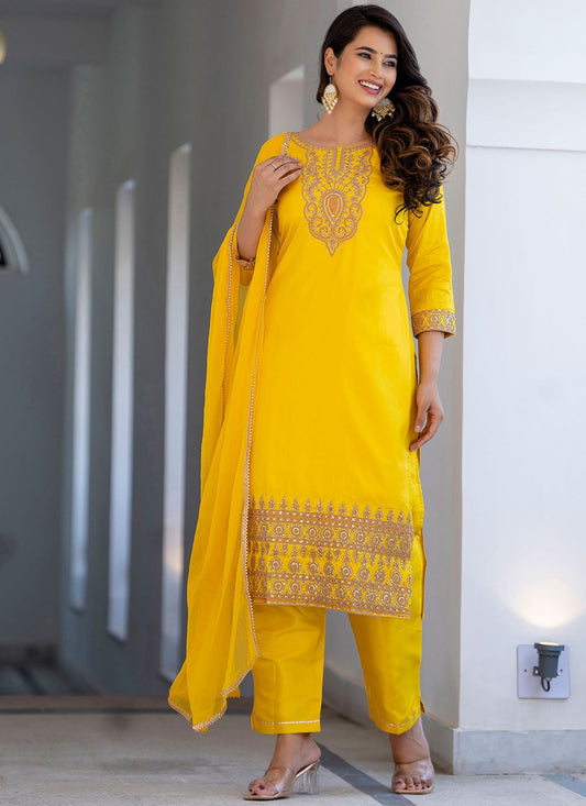 Pant Style Suit Embroidered Yellow T8787