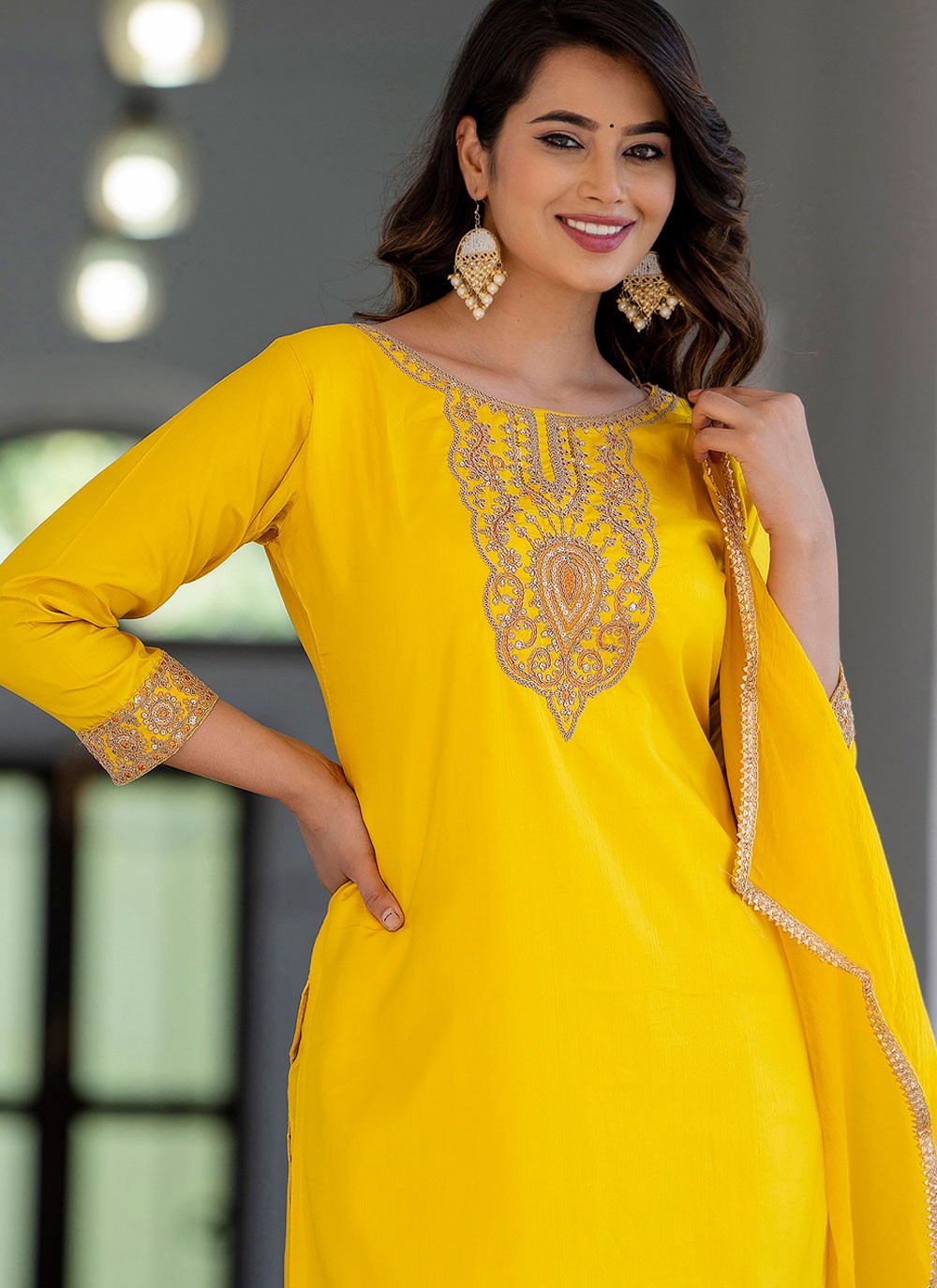 Pant Style Suit Embroidered Yellow T8787