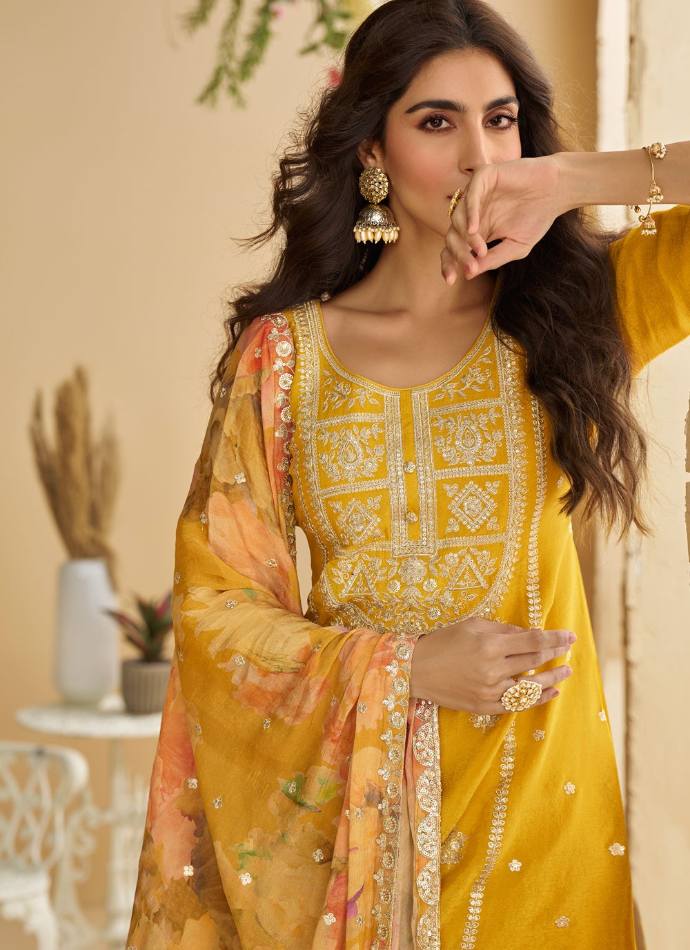 Palazzo Suit Embroidered, Sequins Yellow T8868