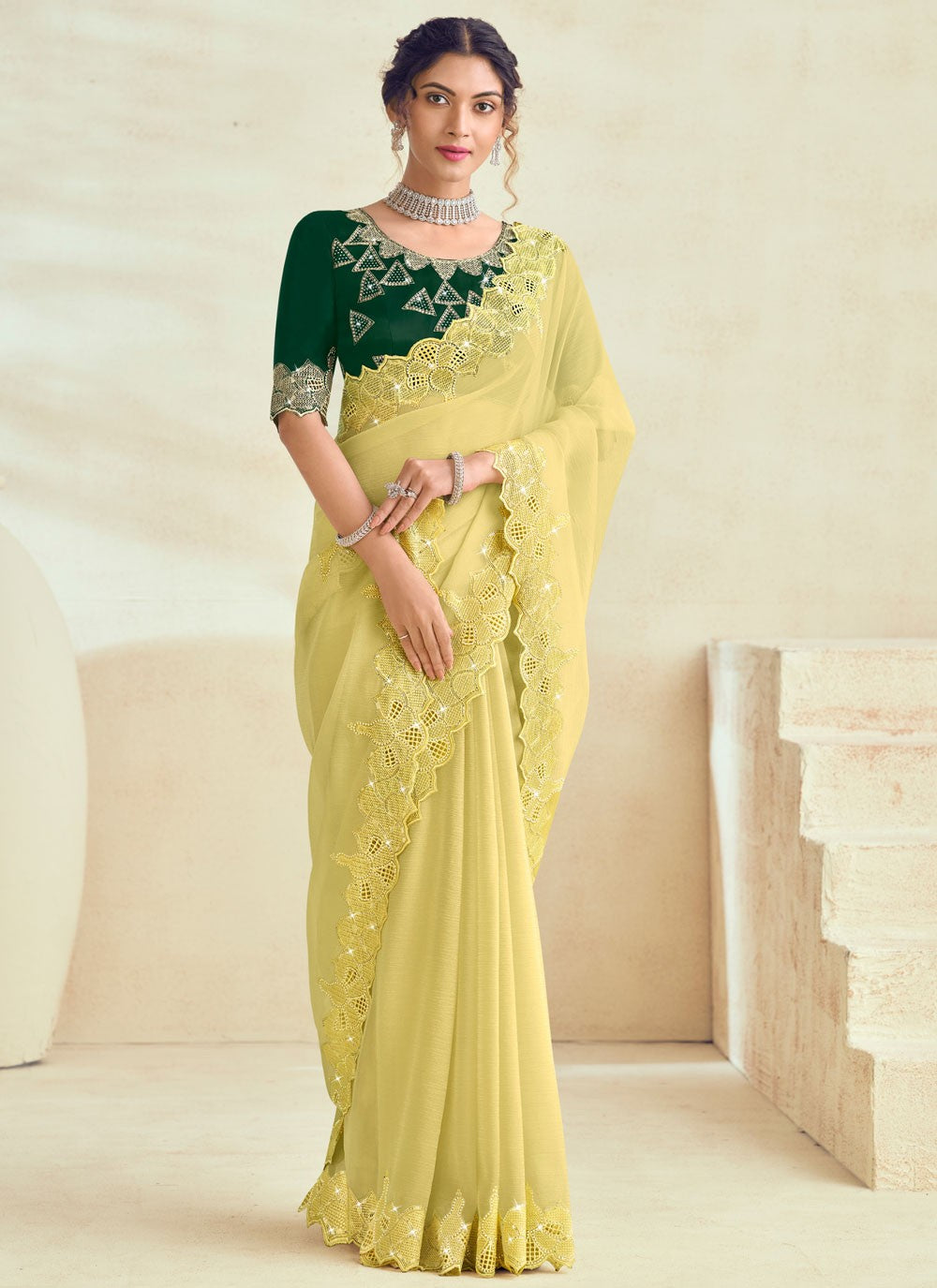 Designer Fancy Work Yellow Silk Saree S13135