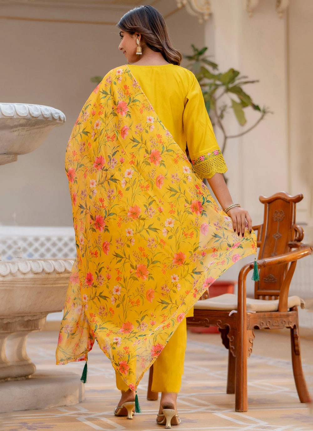 Embroidered Silk Yellow Pant Style Suit T6141