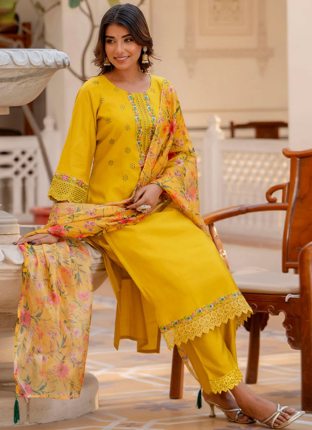 Embroidered Silk Yellow Pant Style Suit T6141