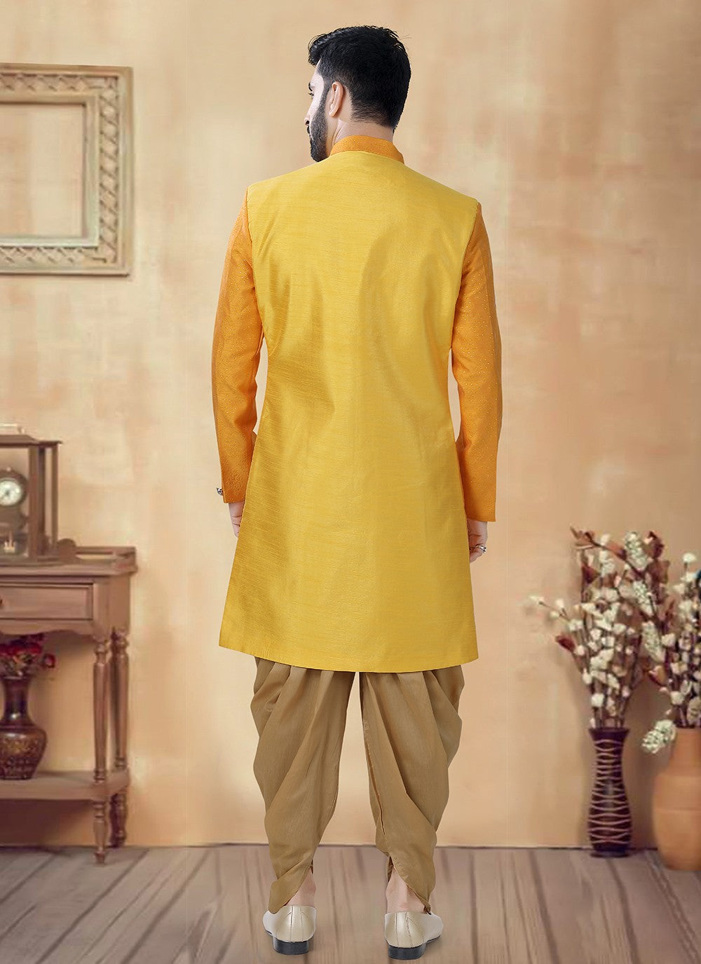 Embroidered Silk Yellow Sherwani - M8504
