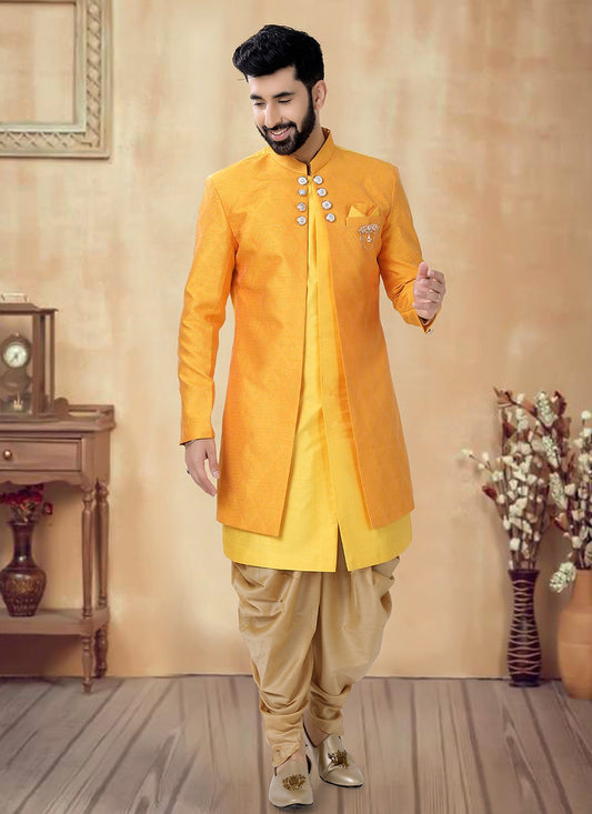 Embroidered Silk Yellow Sherwani - M8504