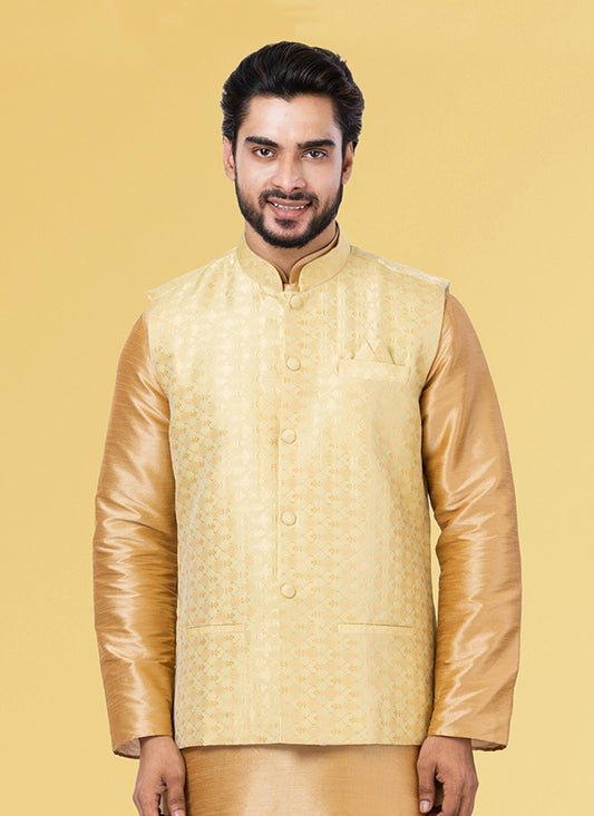 Jacquard Work Silk Yellow Nehru Jackets - M7436