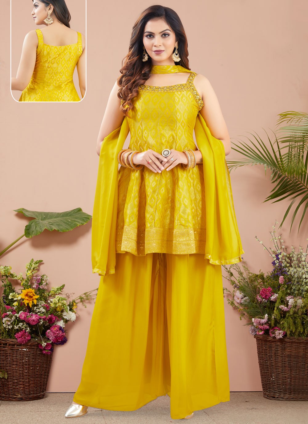 Salwar Suit Weaving Zari Yellow Silk T5254