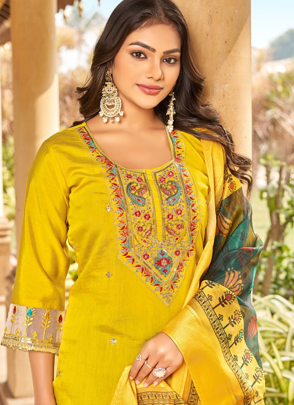 Embroidered Silk Yellow Salwar Suit T6169