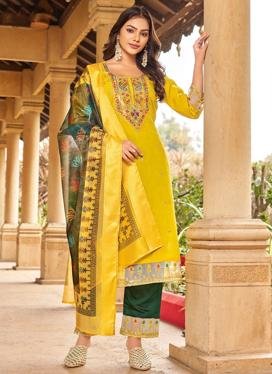 Embroidered Silk Yellow Salwar Suit T6169