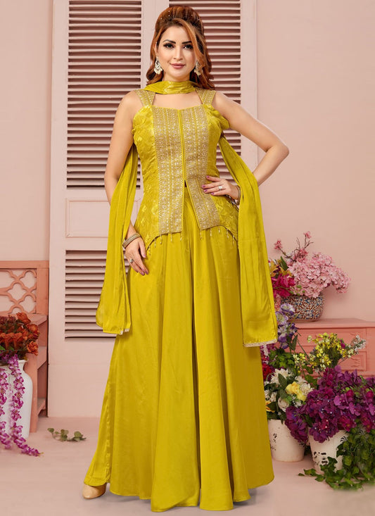 Palazzo Suit Embroidered, Sequins, Zari Yellow T8071