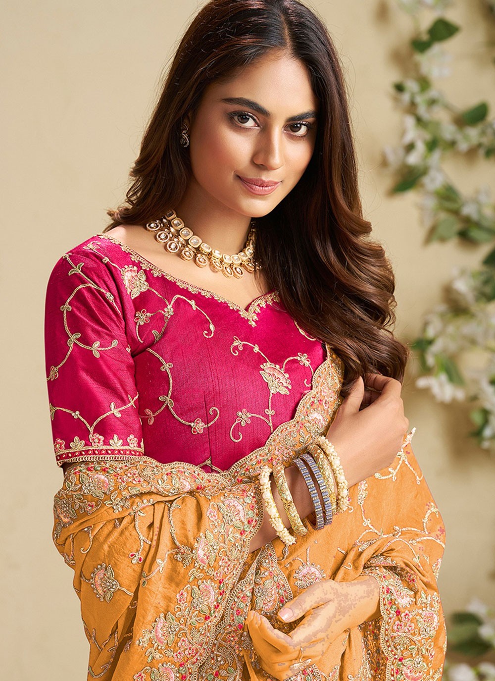 Yellow Fandy Designer Saree Cord, Stones, Thread, Zari S18850