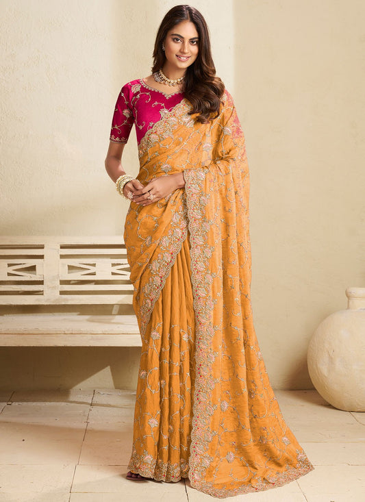 Yellow Fandy Designer Saree Cord, Stones, Thread, Zari S18850