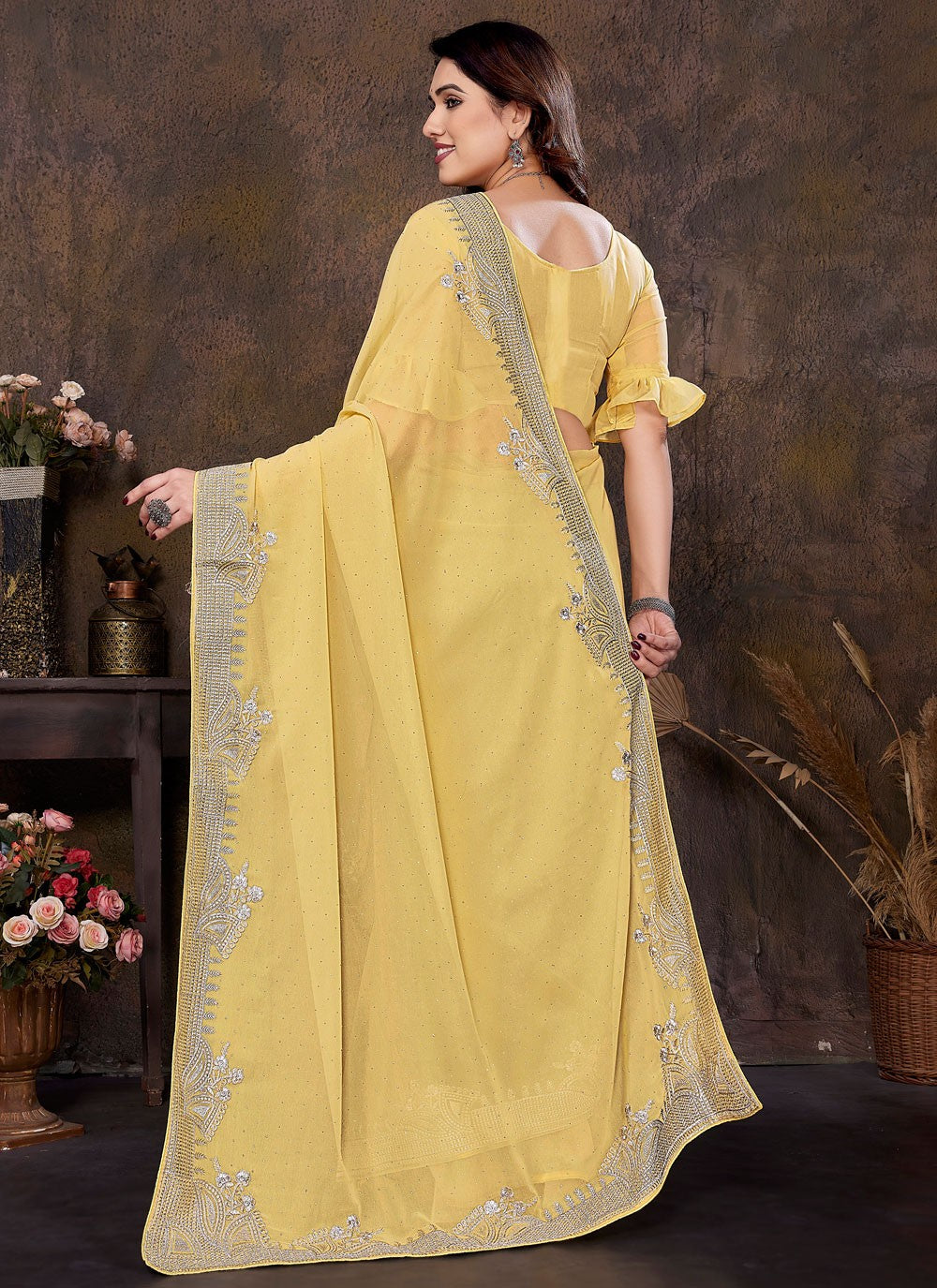 Embroidered Georgette Yellow Classic Saree S15017