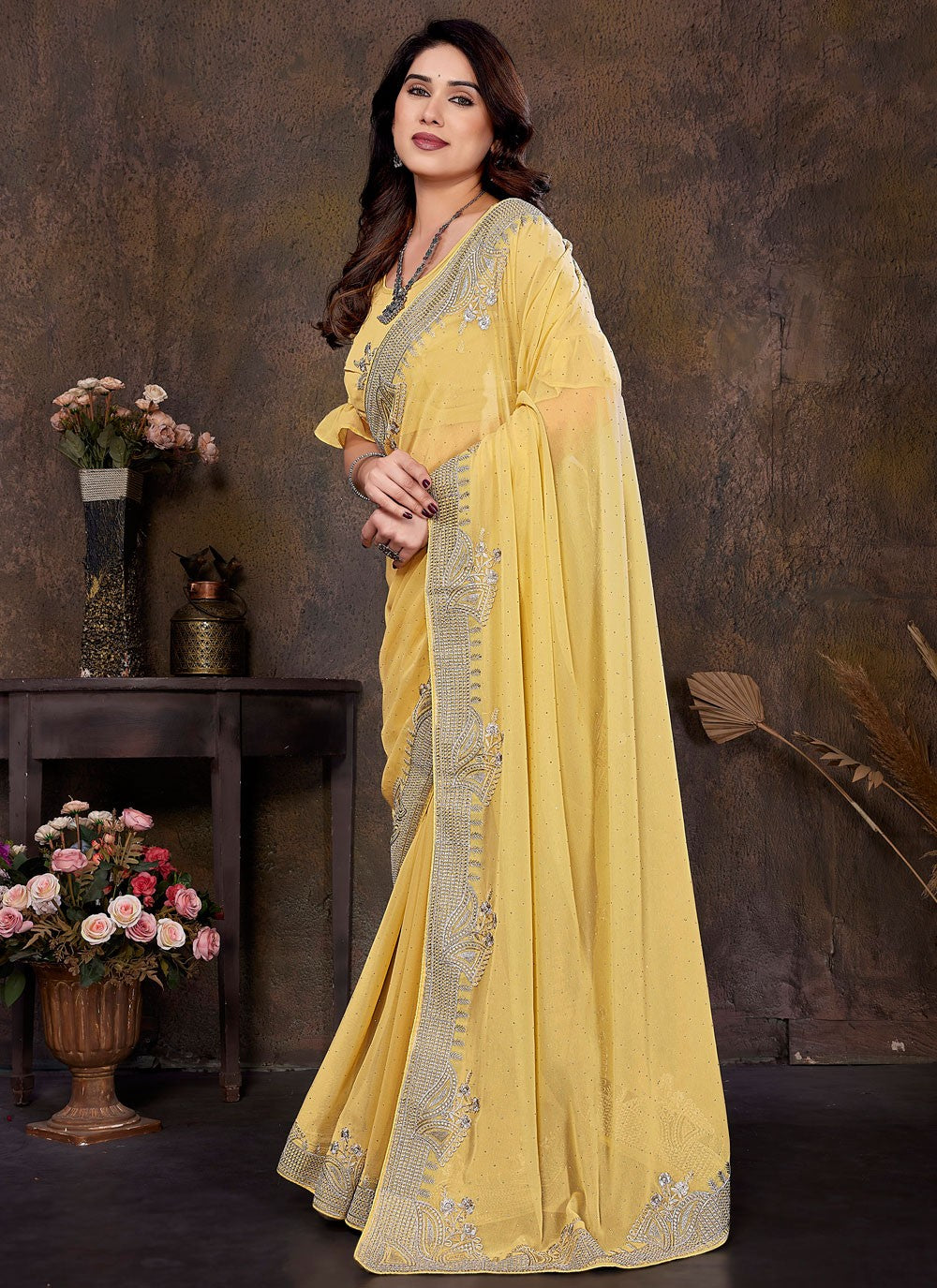 Embroidered Georgette Yellow Classic Saree S15017