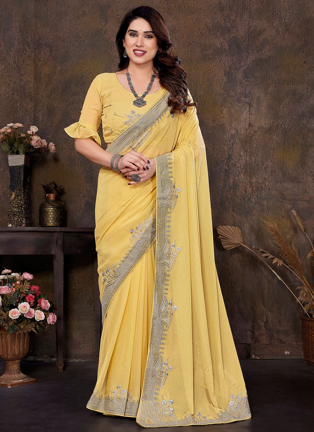 Embroidered Georgette Yellow Classic Saree S15017