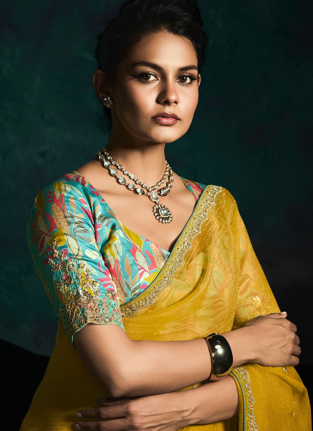 Traditional Embroidered Yellow Fancy Fabric Saree S13456