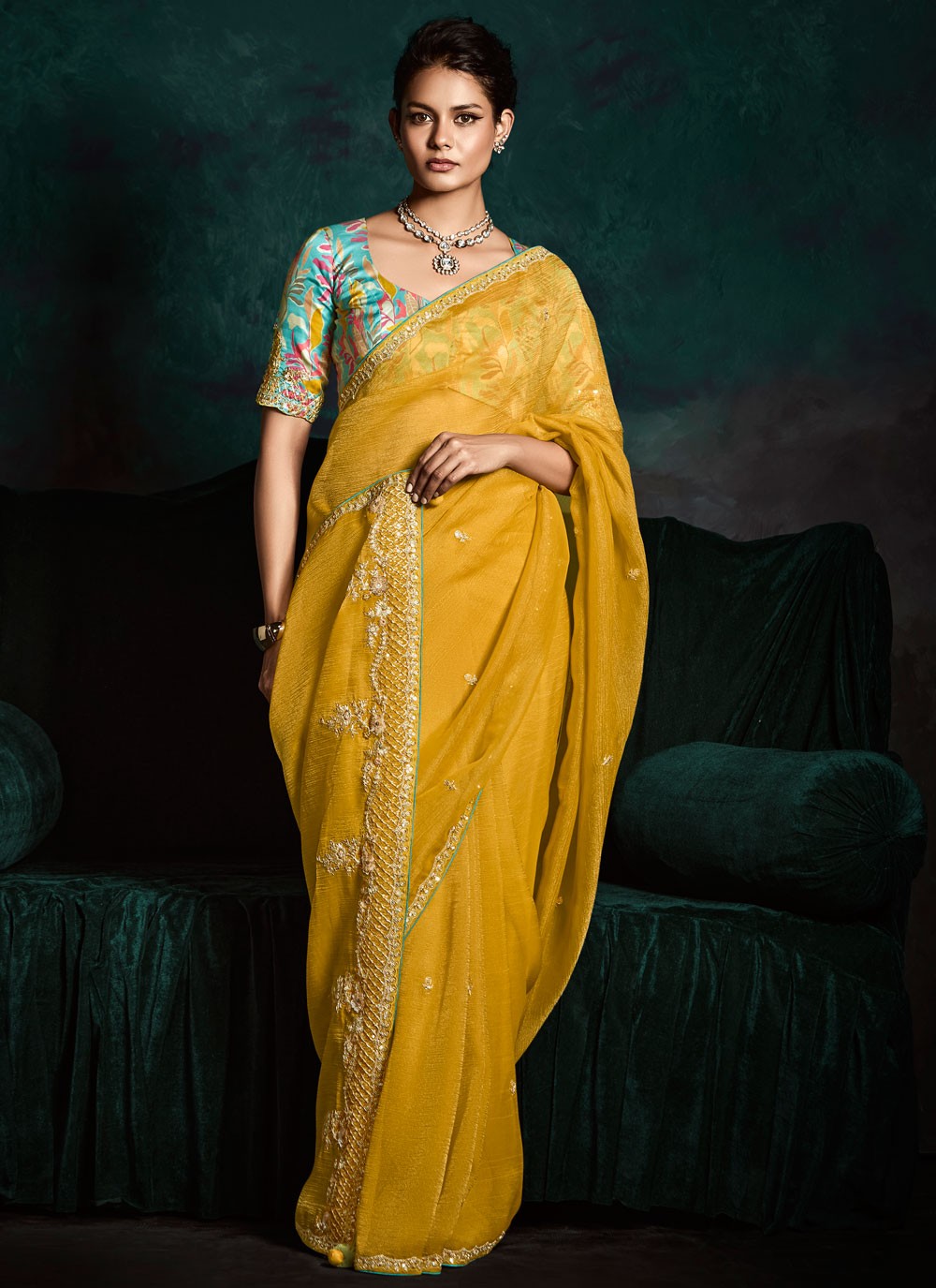 Traditional Embroidered Yellow Fancy Fabric Saree S13456
