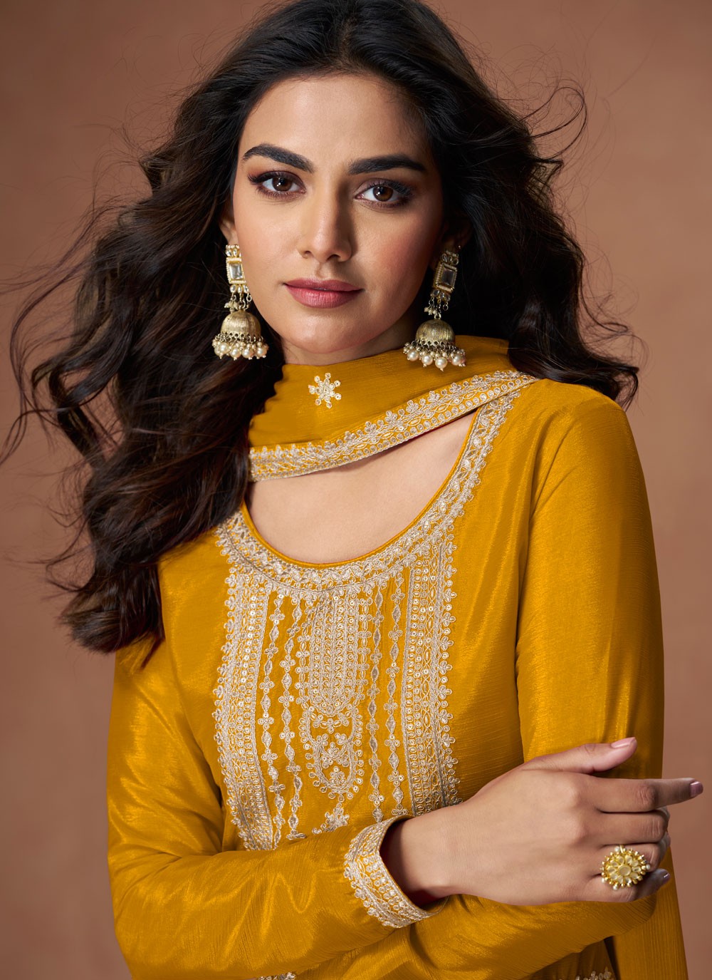 Palazzo Suit Embroidered, Zari Yellow T7726