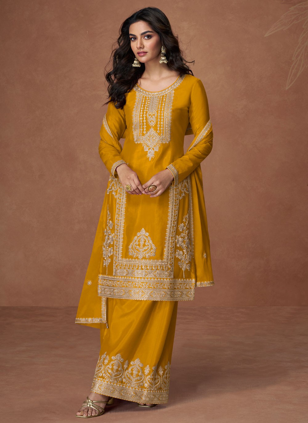 Palazzo Suit Embroidered, Zari Yellow T7726