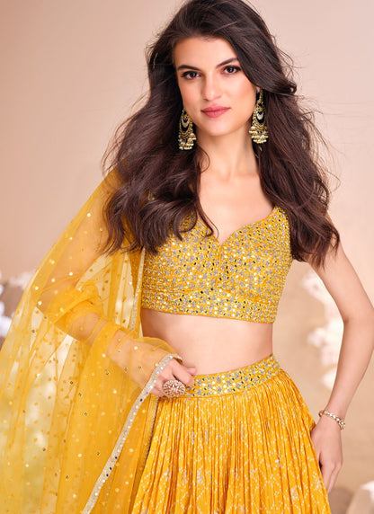 Embroidered Jacquard Silk, Viscose Yellow Lehenga - L3429