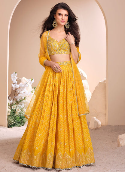 Embroidered Jacquard Silk, Viscose Yellow Lehenga - L3429