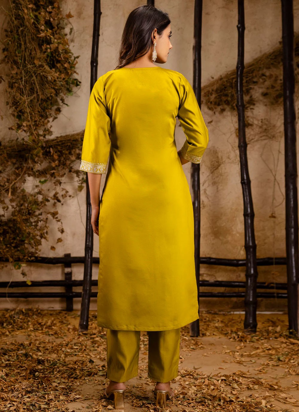 Embroidered Rayon Yellow Pant Style Suit T6297