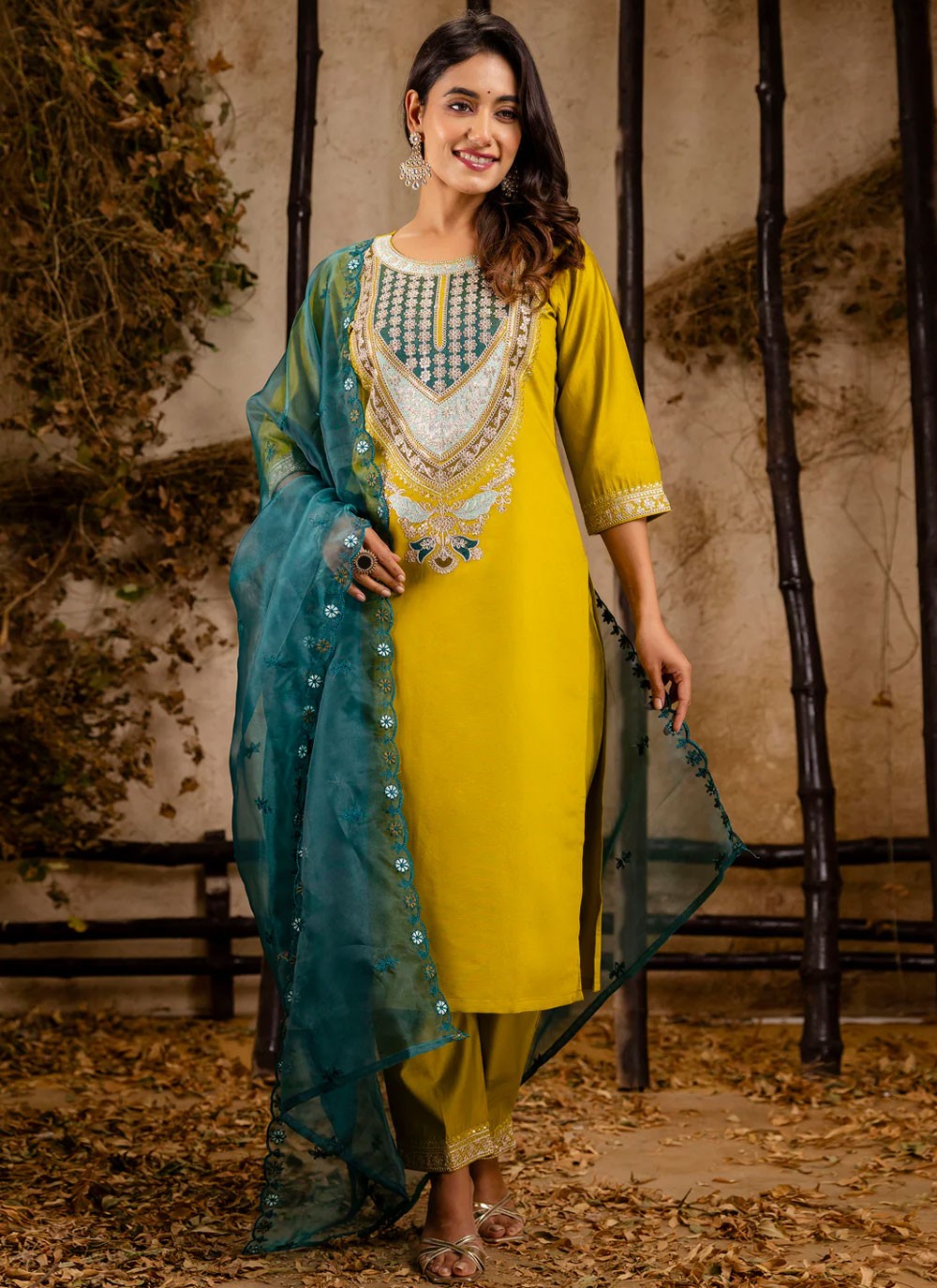 Embroidered Rayon Yellow Pant Style Suit T6297
