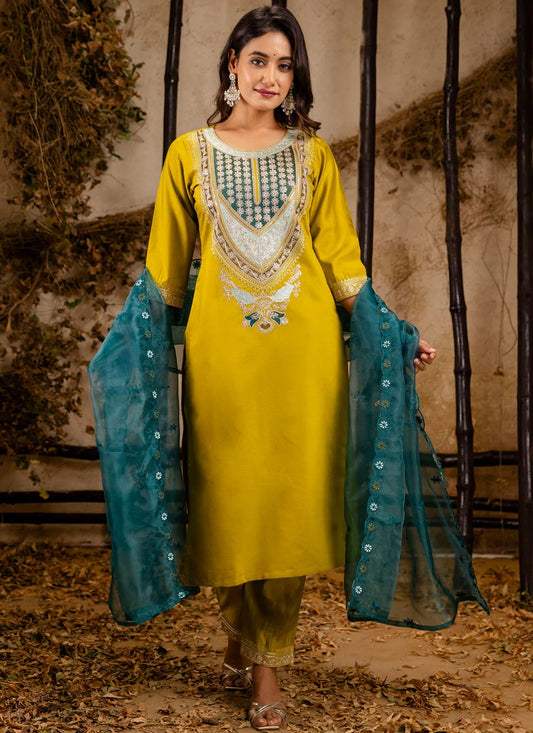 Embroidered Rayon Yellow Pant Style Suit T6297