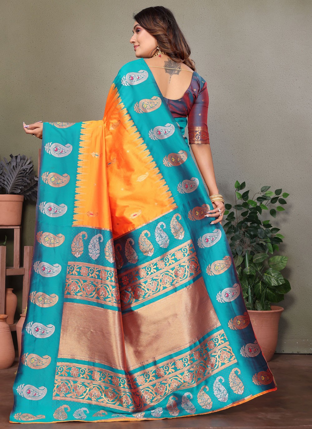 Yellow Banarasi Silk Contemporary Saree Weaving Zari S17611