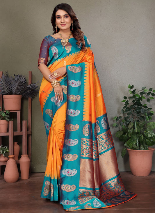 Yellow Banarasi Silk Contemporary Saree Weaving Zari S17611