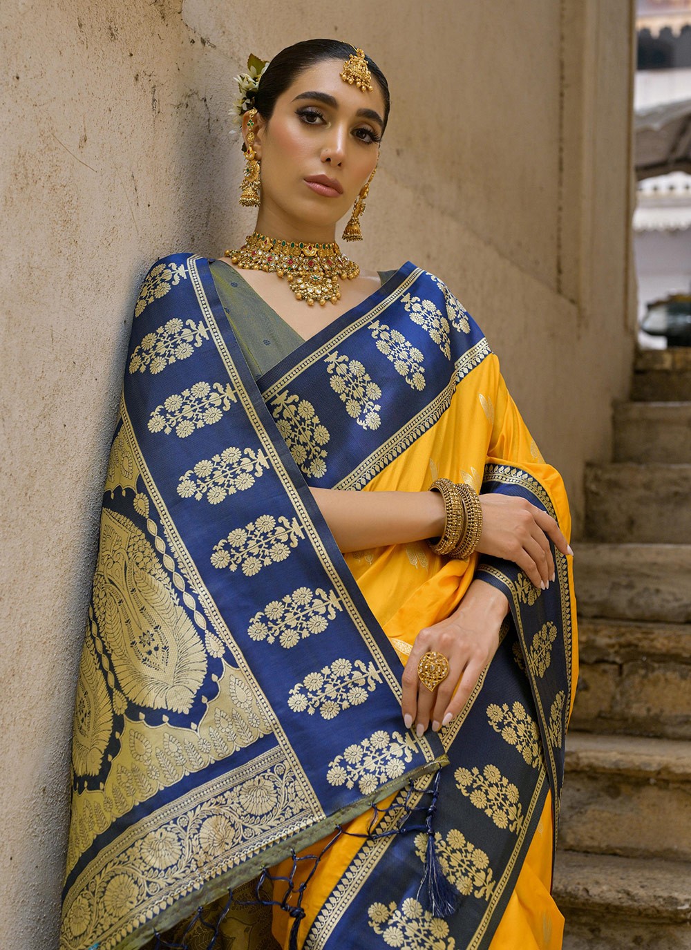 Weaving Zari Banarasi Silk Yellow Saree S14255