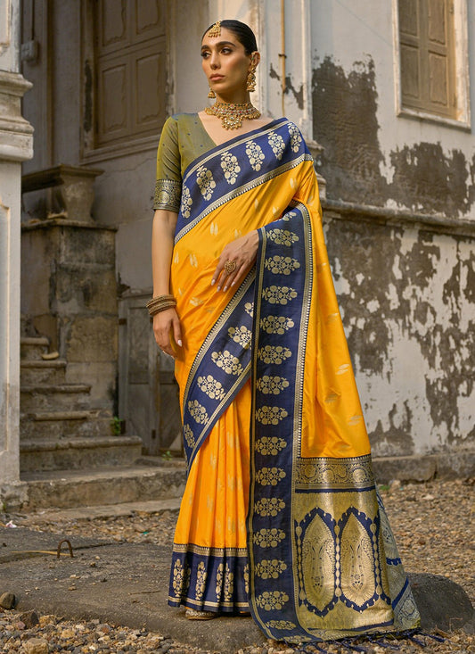 Weaving Zari Banarasi Silk Yellow Saree S14255