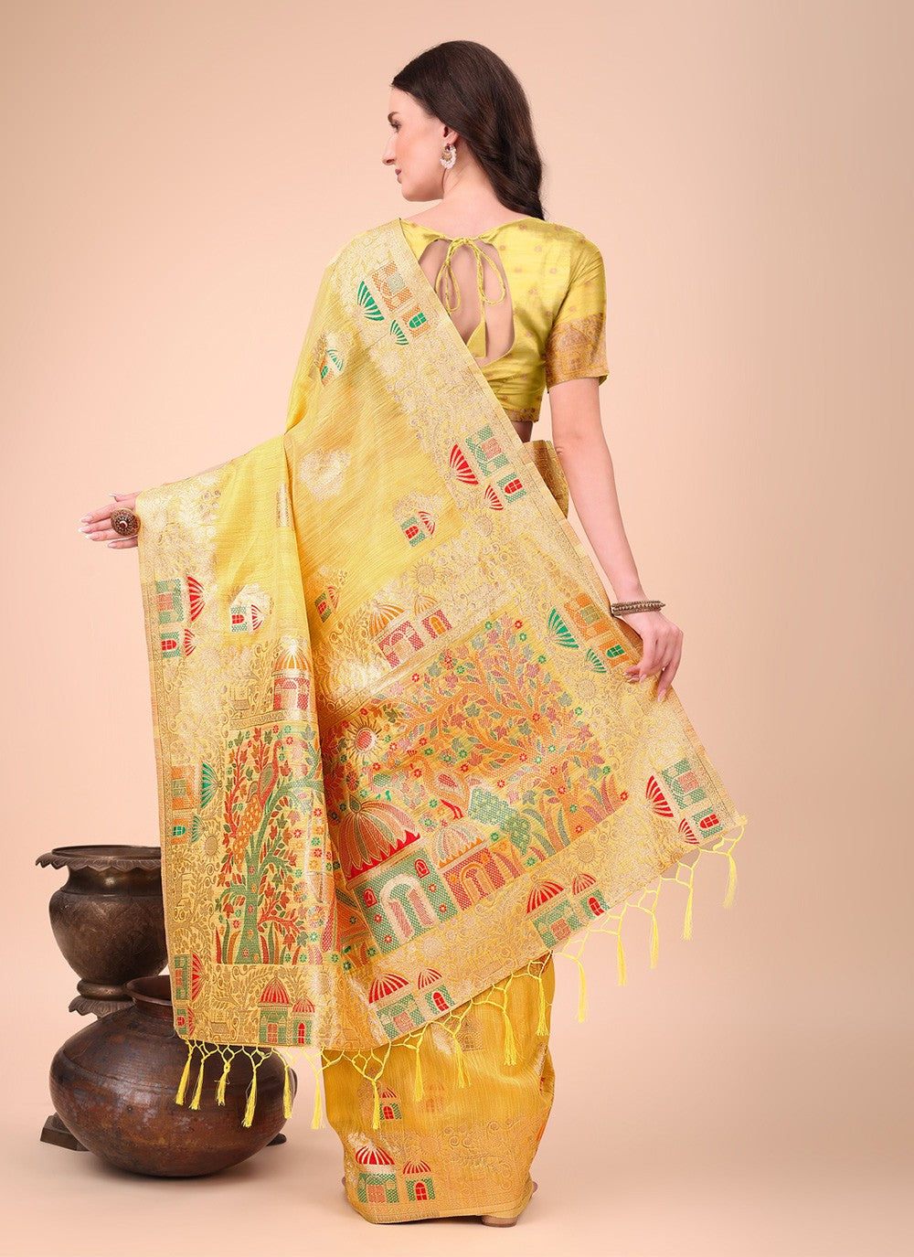 Weaving Zari Cotton Yellow Contemporary Saree S15110