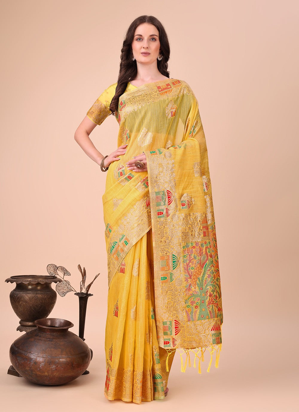 Weaving Zari Cotton Yellow Contemporary Saree S15110
