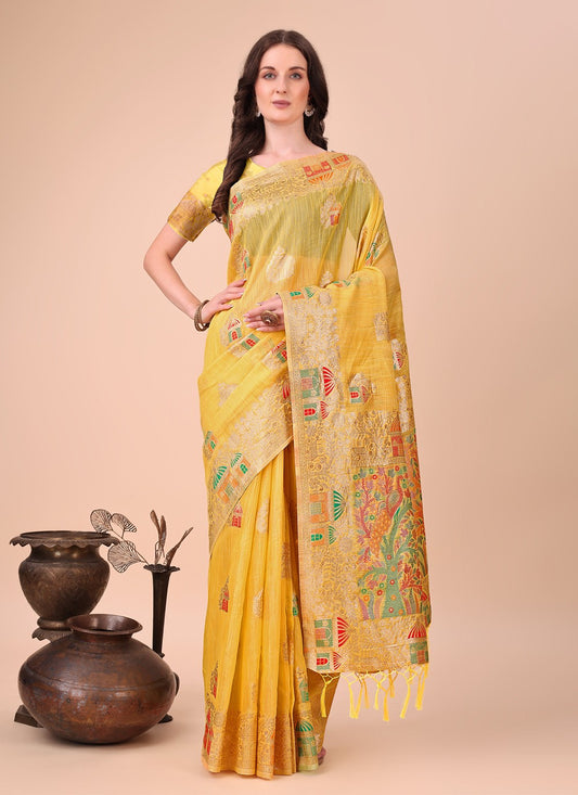 Weaving Zari Cotton Yellow Contemporary Saree S15110