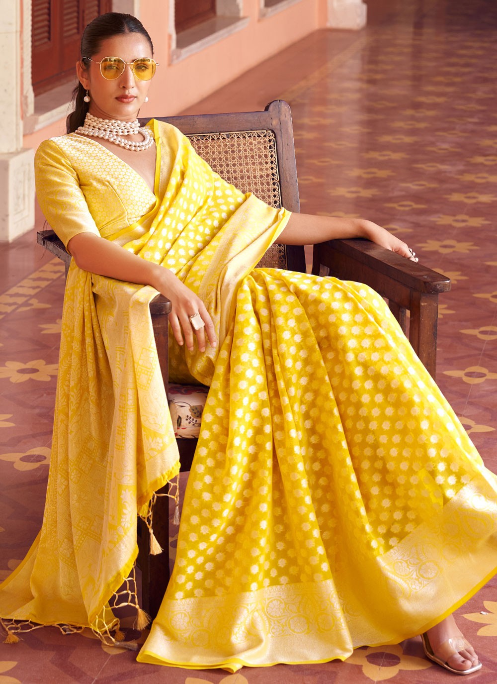 Yellow Georgette Contemporary Saree Weaving Zari S17639