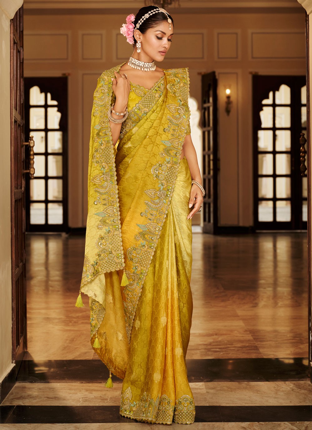 Yellow Jacquard Silk Classic Saree Embroidered S19730