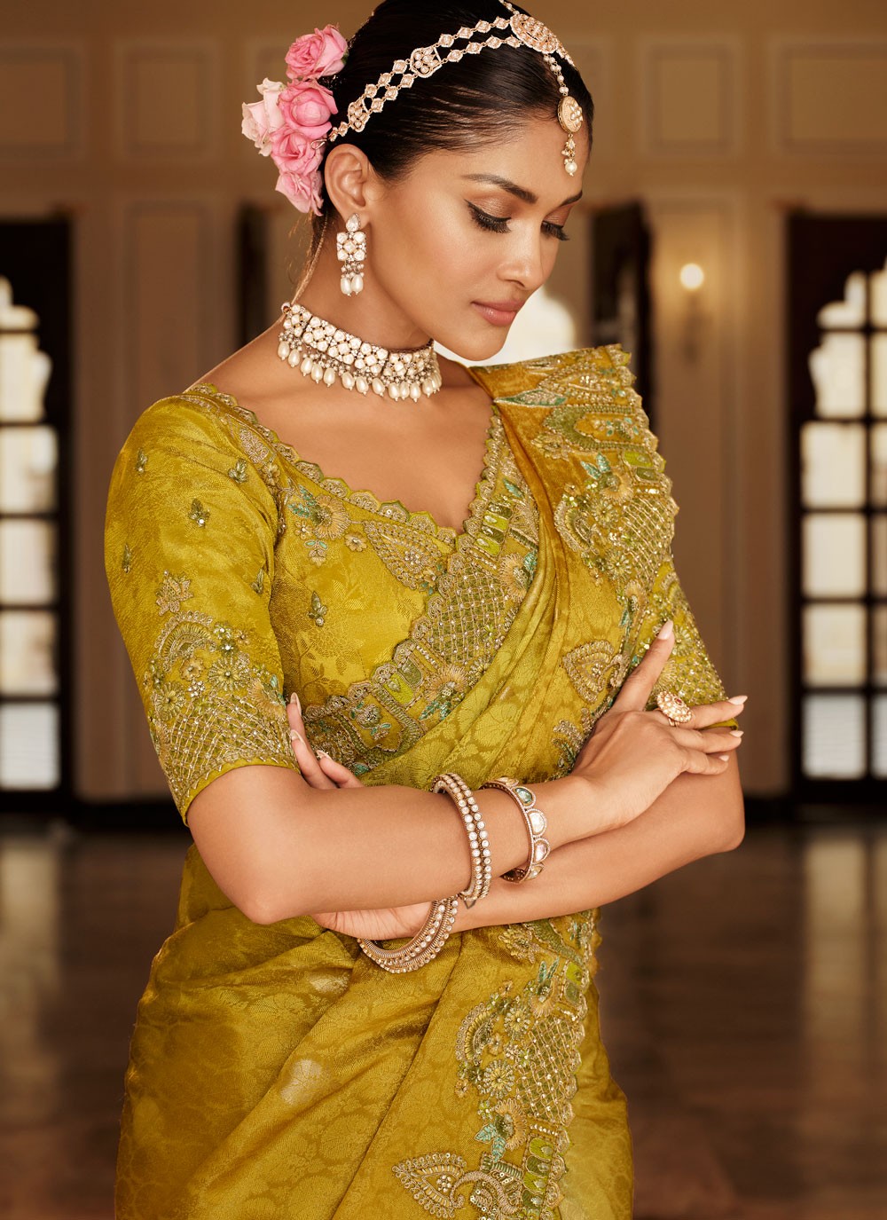 Yellow Jacquard Silk Classic Saree Embroidered S19730