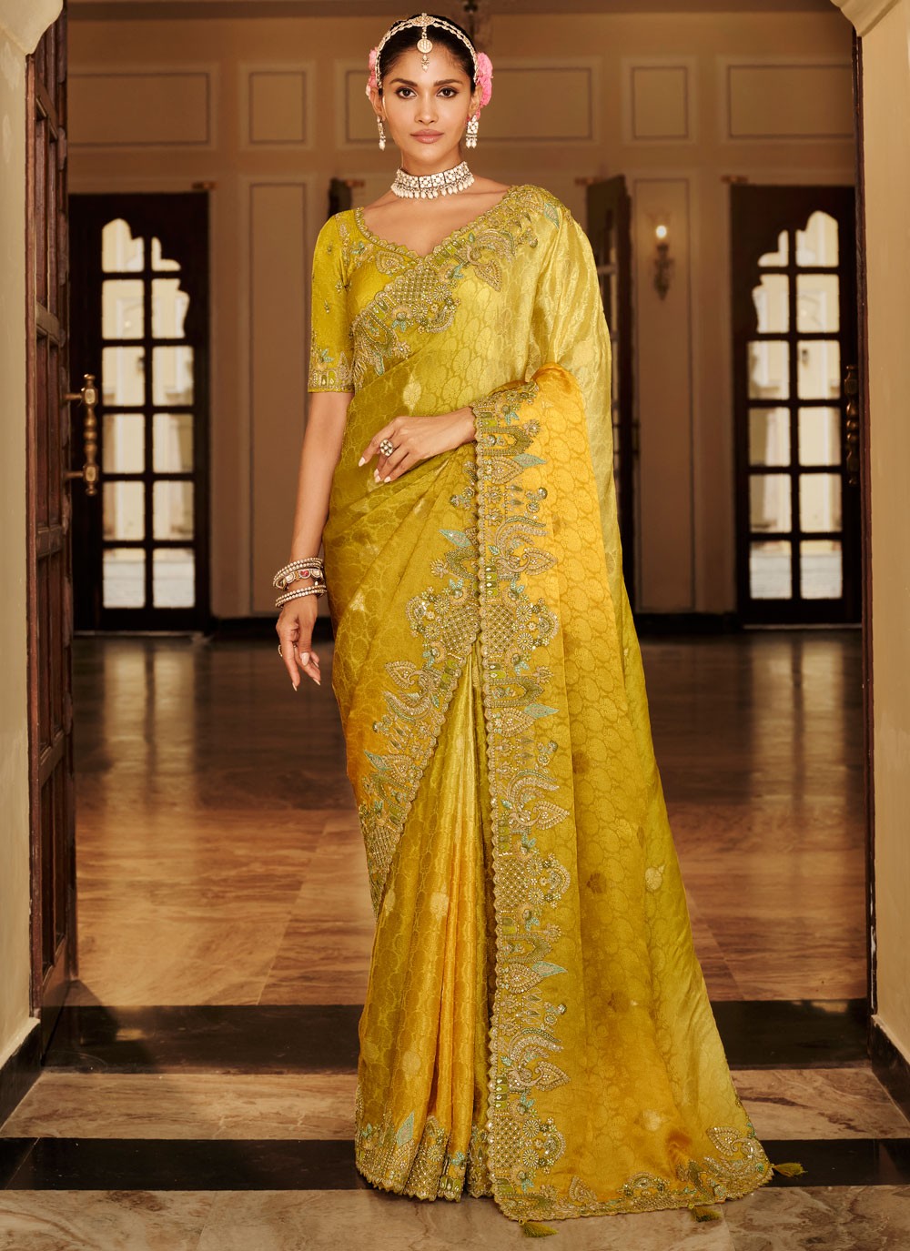 Yellow Jacquard Silk Classic Saree Embroidered S19730