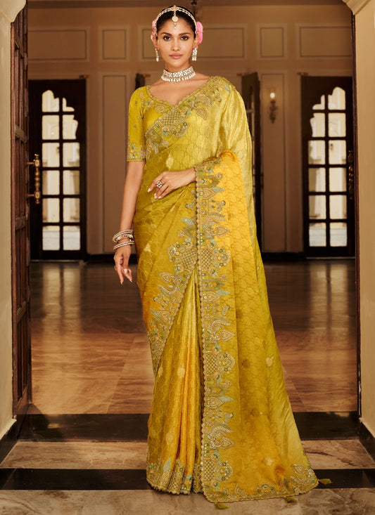 Yellow Jacquard Silk Classic Saree Embroidered S19730