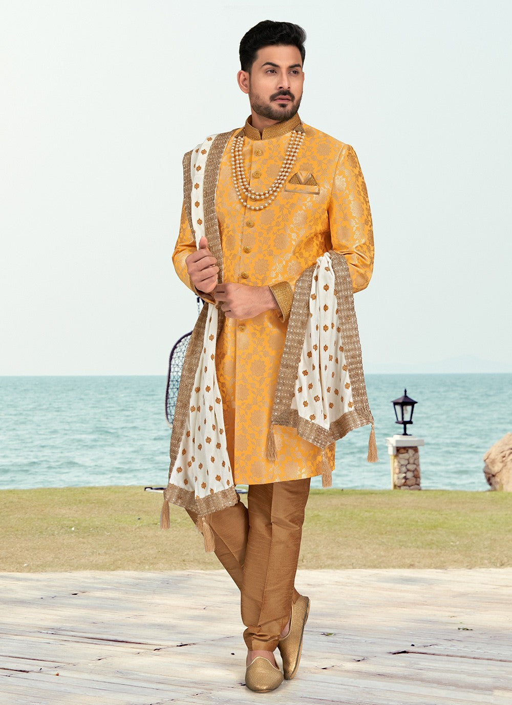 Thread Banarasi Jacquard Yellow Sherwani - M6602