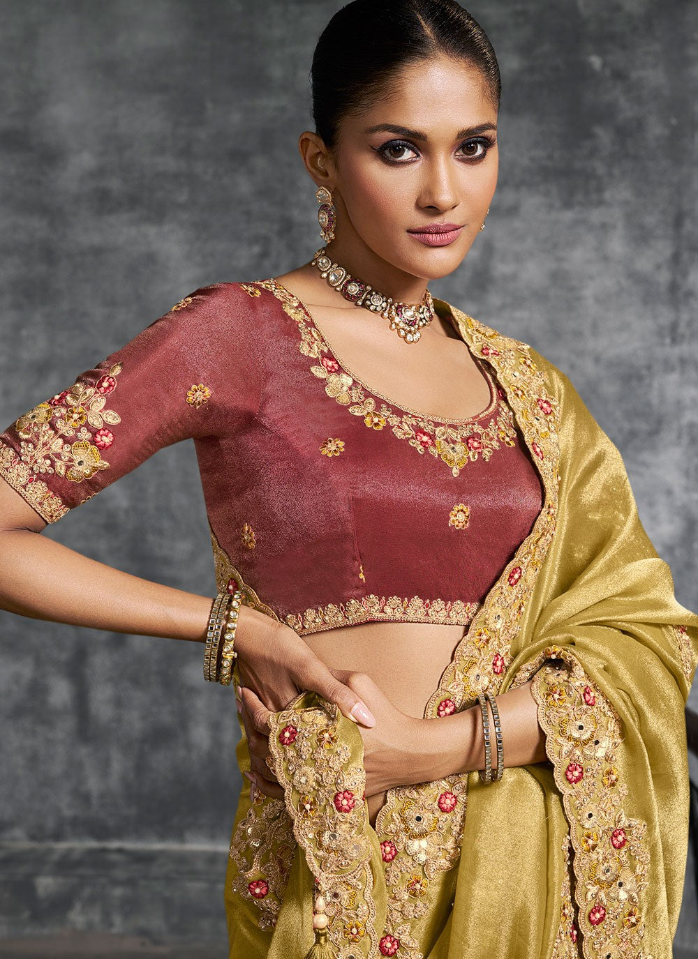 Yellow Tissue Traditional Saree Embroidered, Resham, Thread S19897