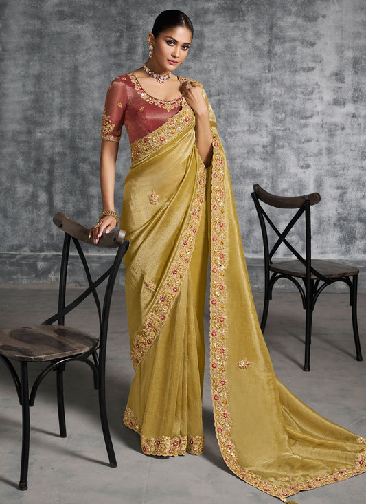 Yellow Tissue Traditional Saree Embroidered, Resham, Thread S19897